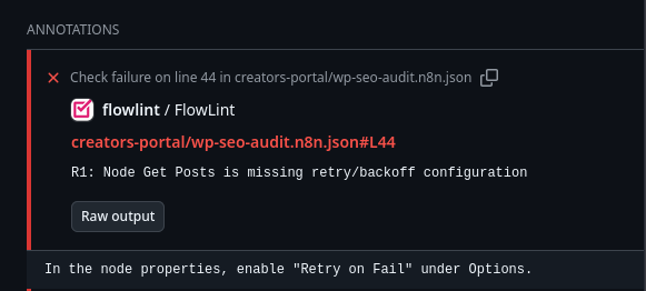 Flowlint - R1: Node is missing retry/backoff configuration - error